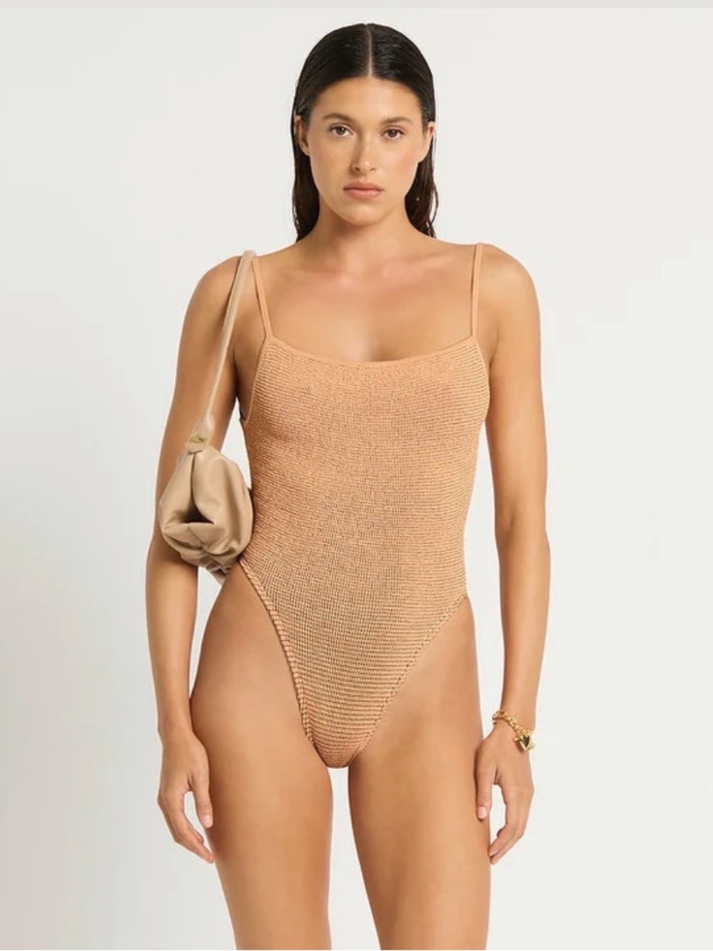 BOND EYE  Textured Strappy Low-back One-Piece Swimsuit in Brown/Dark Nude